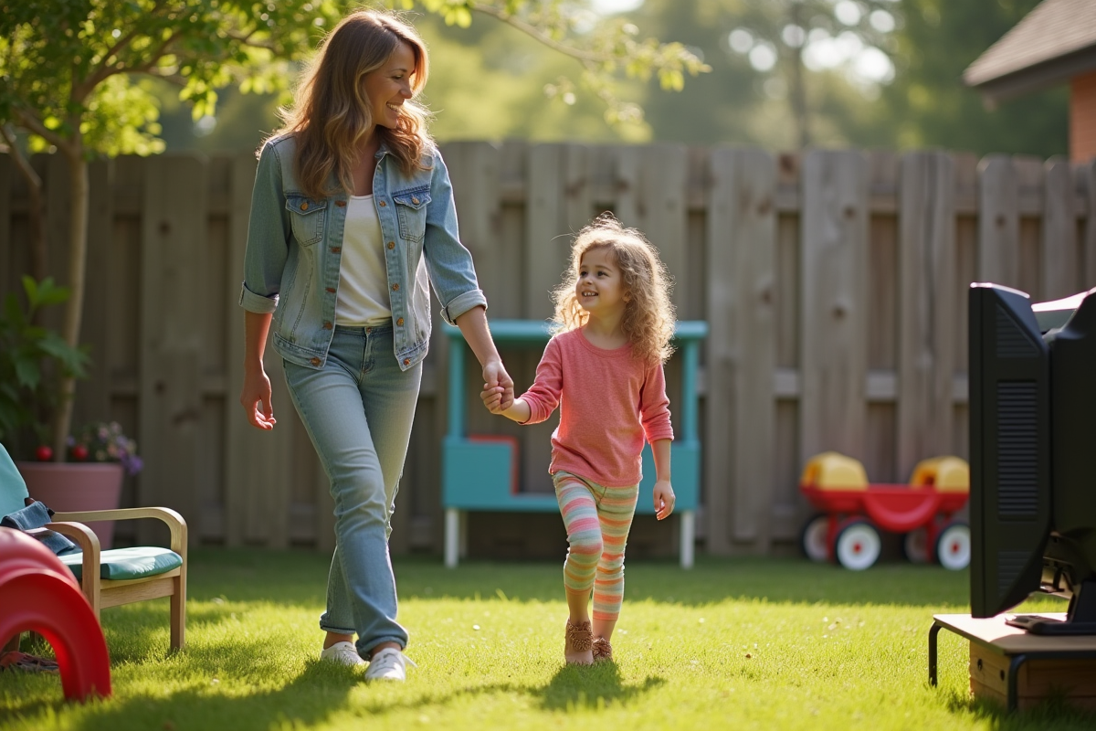 Maman et fille jouant dans le jardin en famille