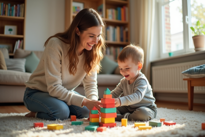 Maman et son enfant construisent une tour de blocs colorés