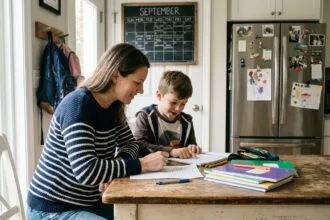 Maman et son enfant organisant des fournitures scolaires à la maison