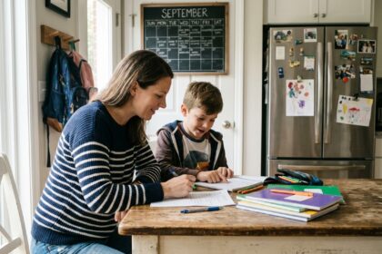 Maman et son enfant organisant des fournitures scolaires à la maison
