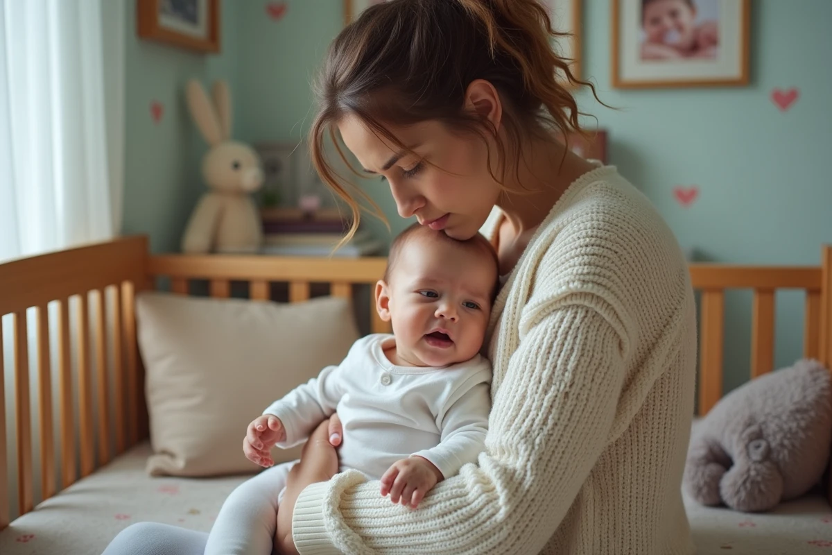 Jeune maman fatiguée avec bébé dans la nurserie