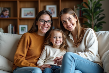 Maman et fille souriantes dans un salon chaleureux