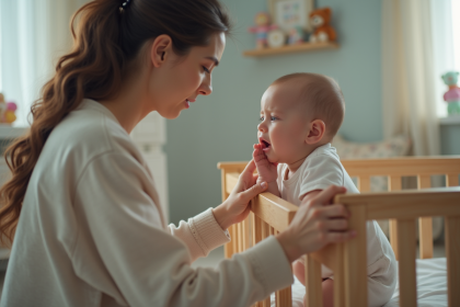 Jeune maman inquiète berçant son bébé dans la nurserie