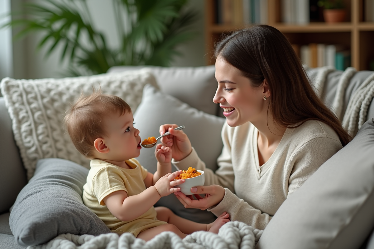 Maman donnant à manger à sa fille dans un salon cosy