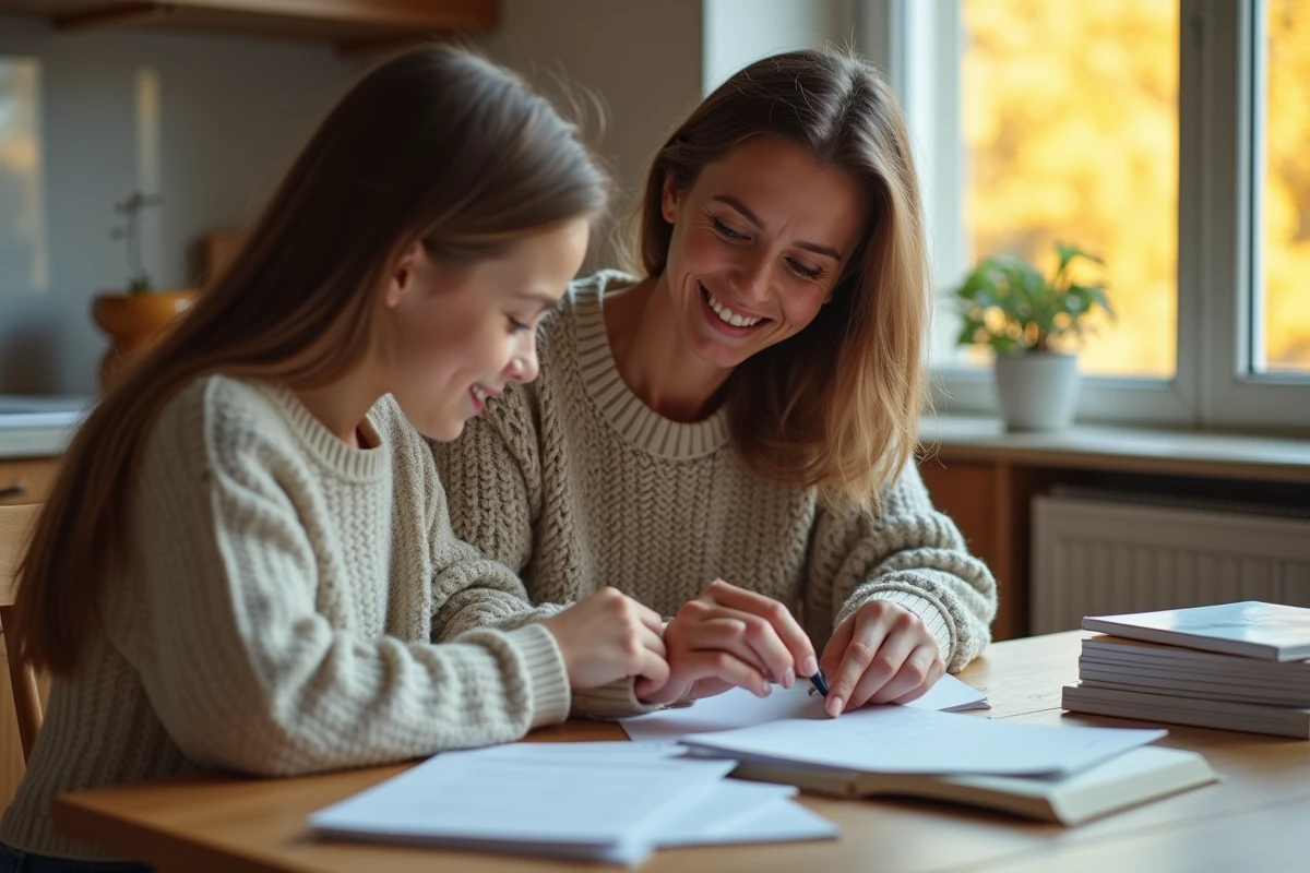 Mère aidant sa fille à organiser ses livres à la maison