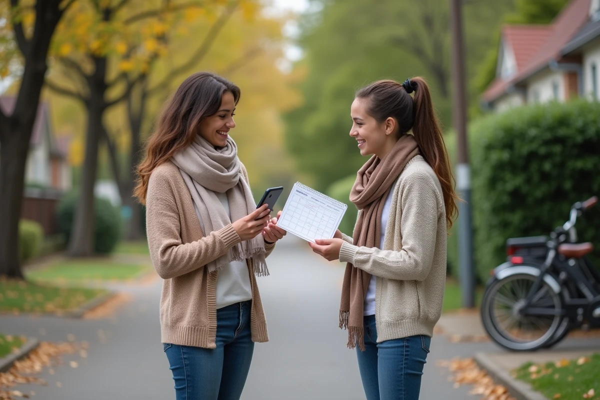 Maman avec calendrier dans un quartier résidentiel