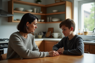 Femme d'âge moyen discutant avec son fils à la cuisine