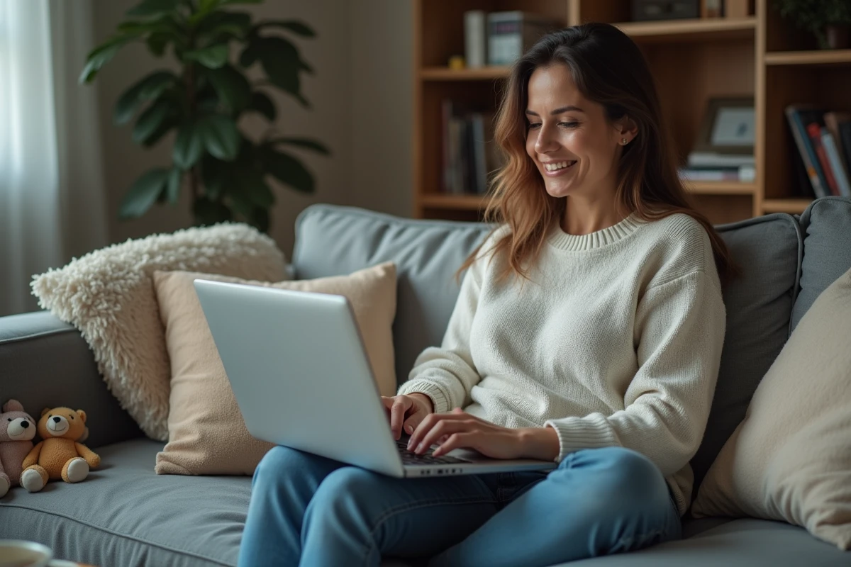 Maman solo écrivant sur son blog depuis son canapé, expression ouverte et sincère dans un salon familial authentique et désordonné