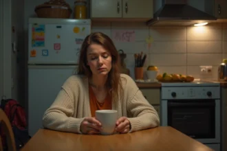 Maman solo épuisée mais apaisée assise seule dans sa cuisine le soir, tenant une tasse de café, dans une ambiance intimiste et authentique