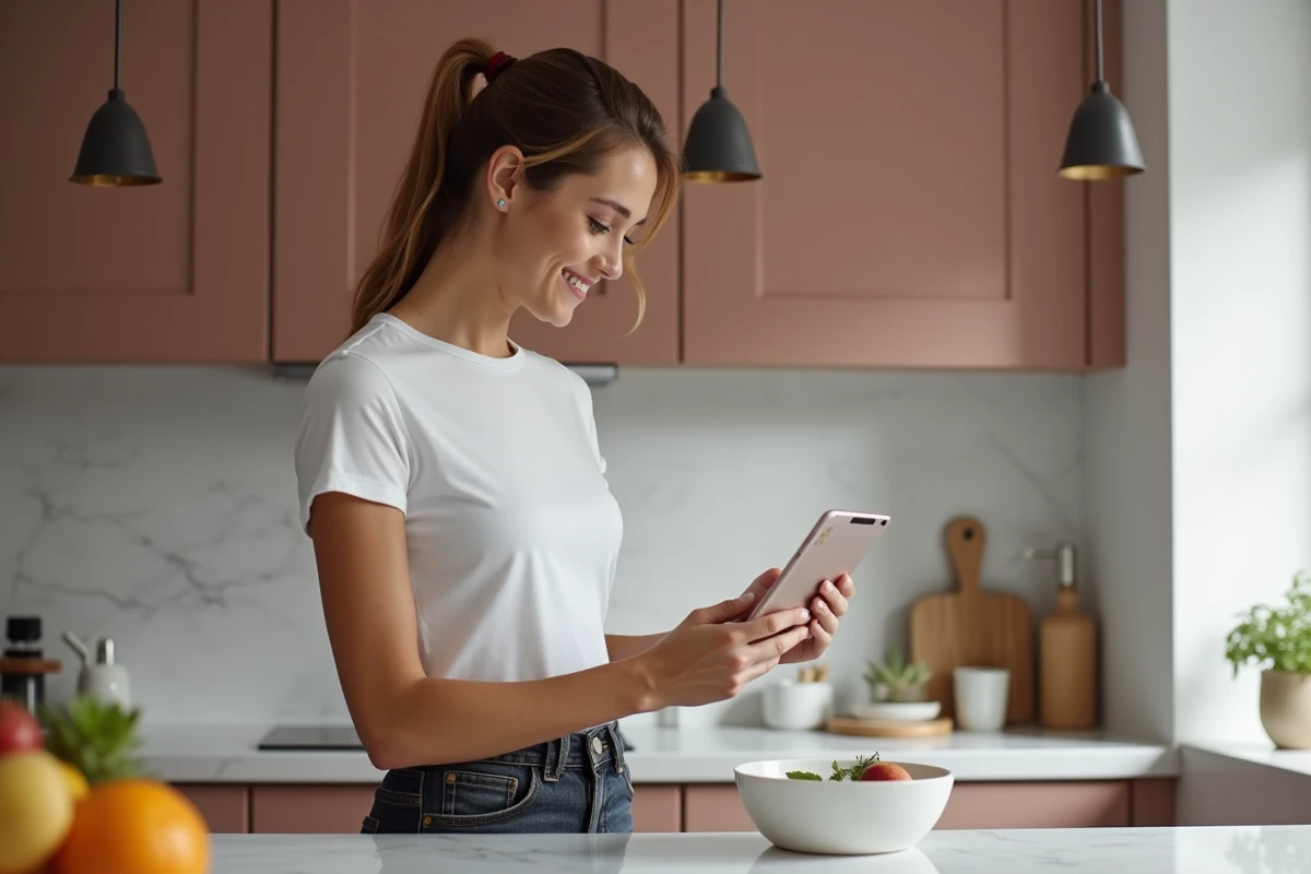 Maman moderne consultant une application sur tablette dans une cuisine contemporaine au design épuré et élégant
