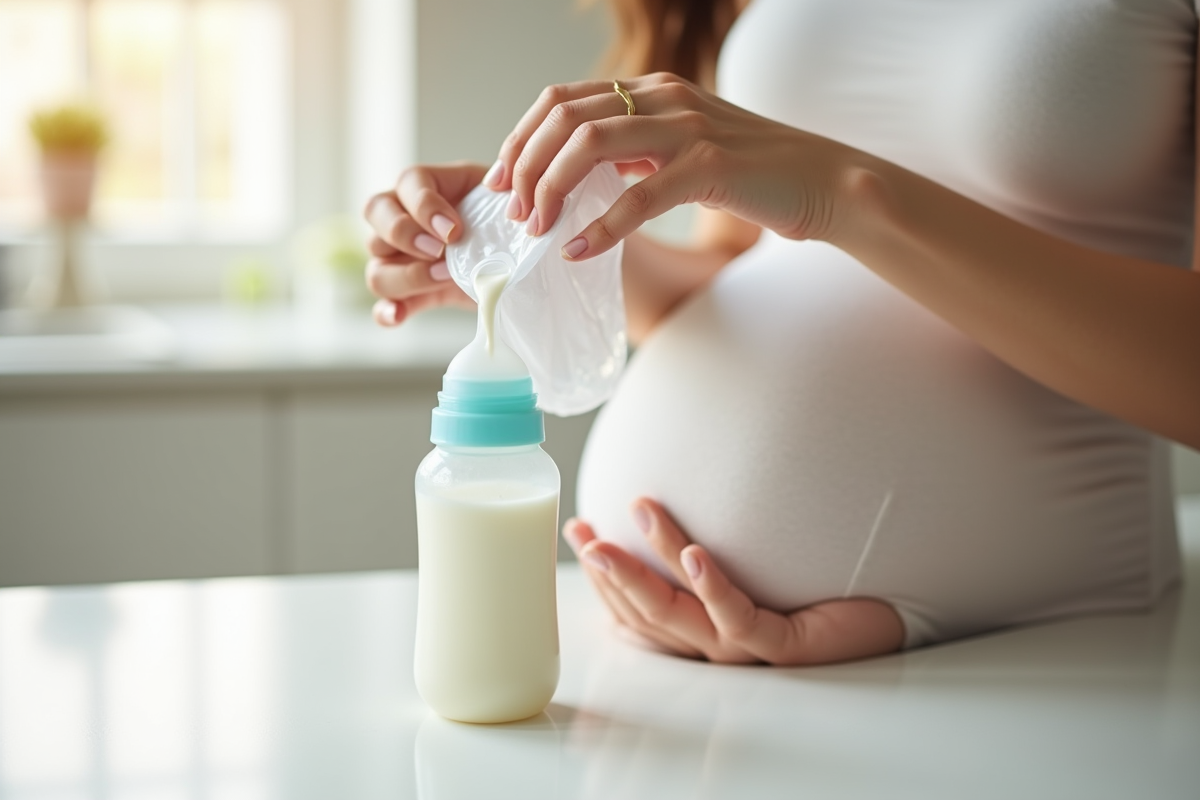 Maman verse doucement du lait dans un biberon propre sur la cuisine