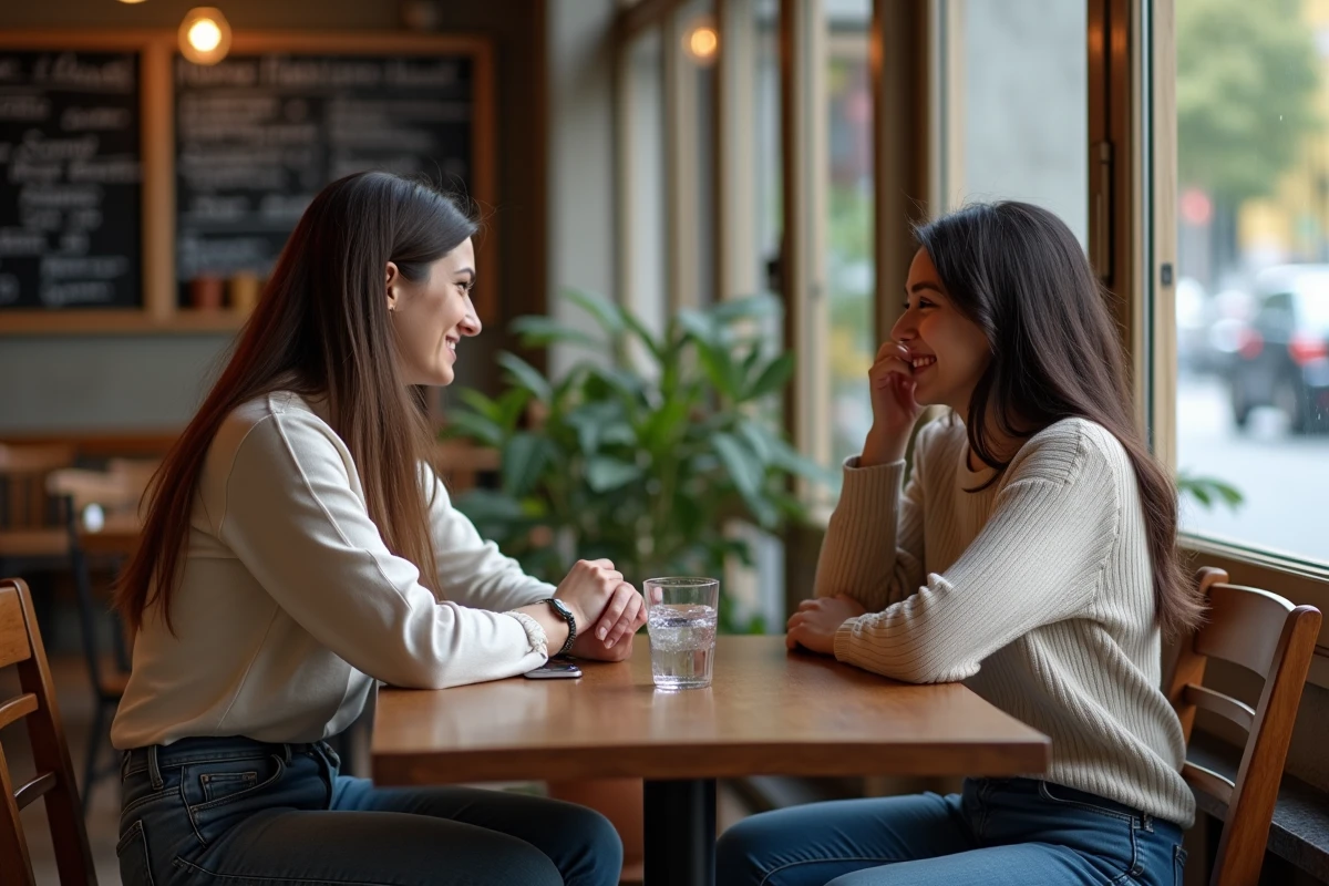 Deux mamans solos complices et sincères autour d'un café dans un bistrot de quartier, conversation authentique et moment de soutien mutuel