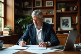 Homme élégant travaillant dans un bureau à domicile entouré de livres et de documents, ambiance intellectuelle et professionnelle