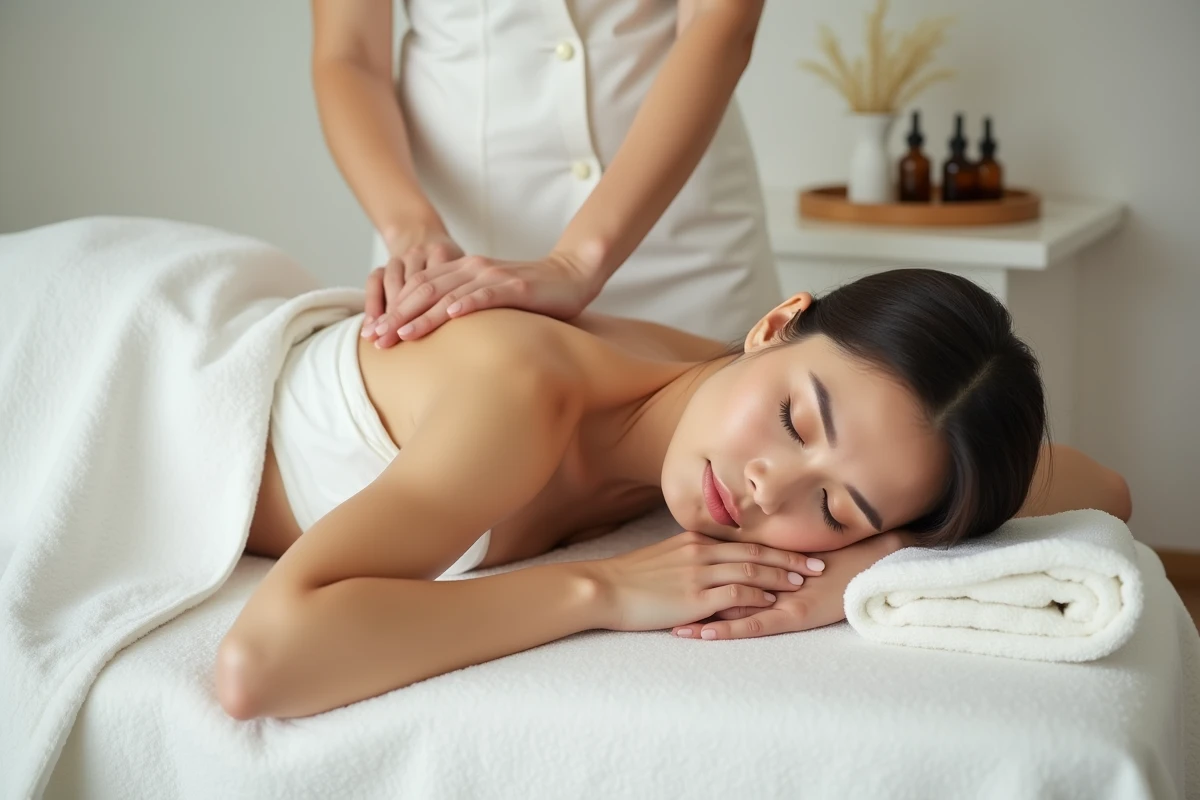Femme recevant un massage relaxant dans un spa minimaliste, idée de cadeau de naissance bien-être pour une nouvelle maman