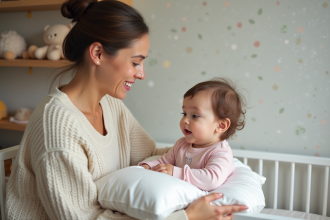 Mère souriante dans une nurserie moderne avec bébé