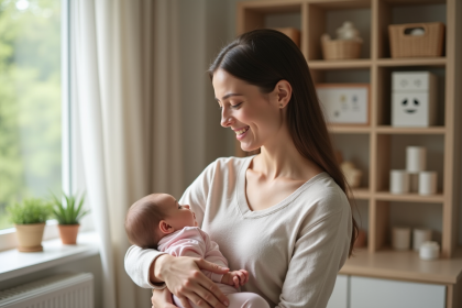 Mère apaisant son bébé dans un berceau cosy
