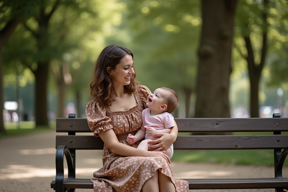 Jeune femme et son bébé partageant un moment complice sur un banc de parc urbain, atmosphère parisienne décontractée