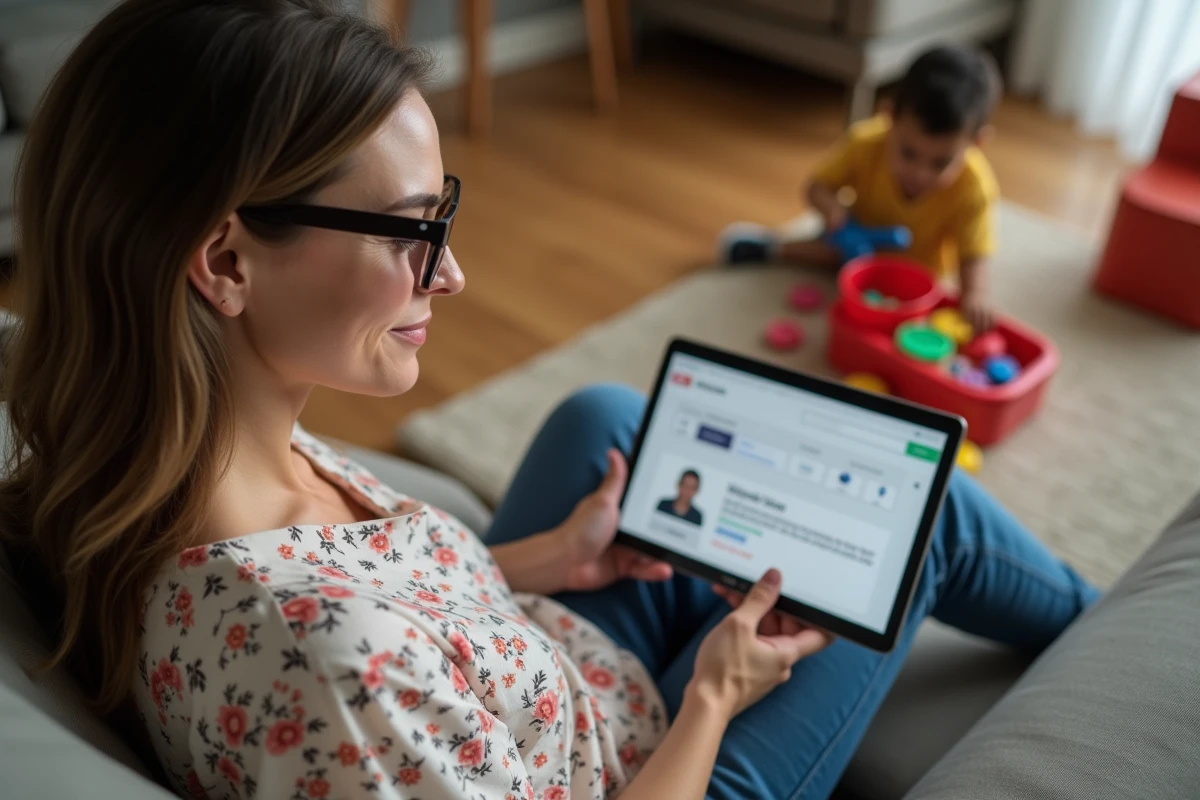 Jeune mère employeur consulte le site Pajemploi sur une tablette dans son salon en présence d'une assistante maternelle
