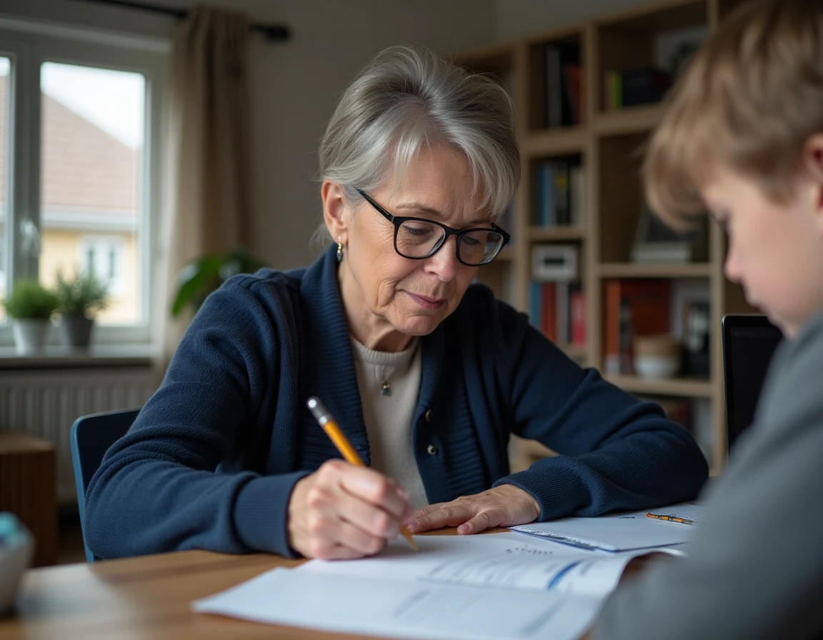 Mère aidant son enfant à rédiger une lettre officielle au Père Noël avec une enveloppe adressée sur un bureau à domicile