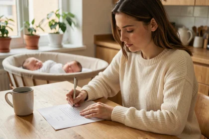 Jeune mère écrivant une lettre de prolongation de congé parental à la maison avec son bébé endormi en arrière-plan