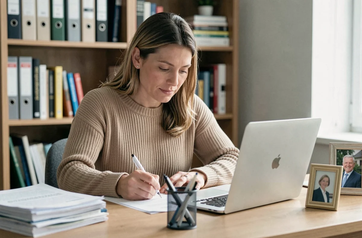 Mère remplissant une attestation de domicile pour son enfant étudiant dans un bureau à domicile