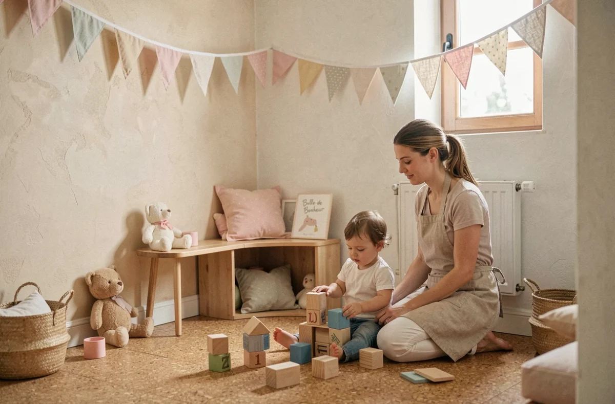Éducatrice accompagnant un enfant en bas âge dans la micro-crèche Bulle de Bonheur à Héric, Loire-Atlantique