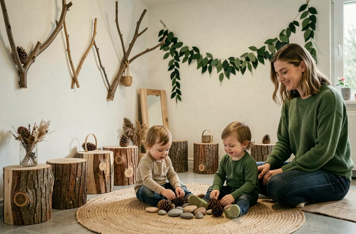 Espace nature de la micro-crèche Les Jeunes Pousses Little Forest 1 à Ancenis avec des enfants explorant des éléments naturels