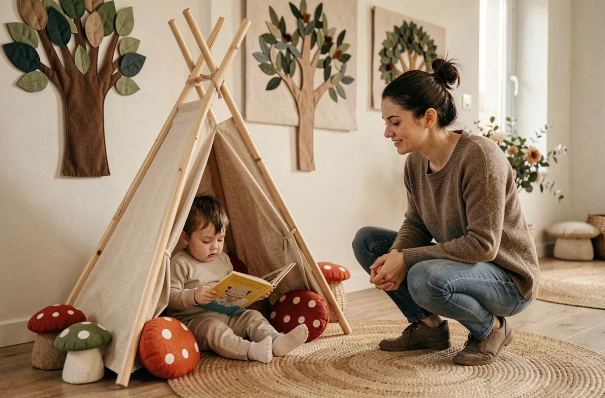 Coin lecture nature avec tipi en bois à la micro-crèche Les Jeunes Pousses Little Forest 2 à Ancenis