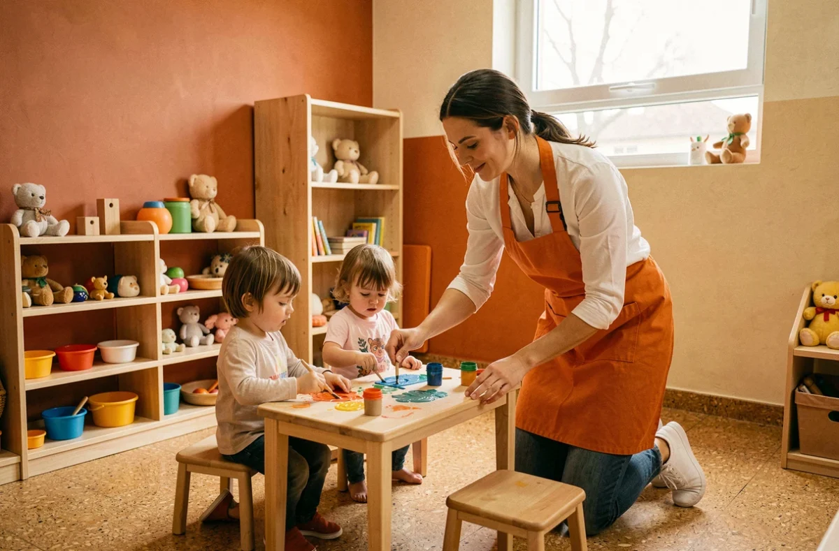 Salle colorée aux tons orangés de la micro-crèche Les Jeunes Pousses Orange à Changé, Mayenne