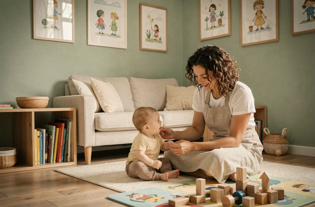 Ambiance intimiste de la micro-crèche Léa et Léo à Bordeaux avec puéricultrice et bébé dans un cadre maison