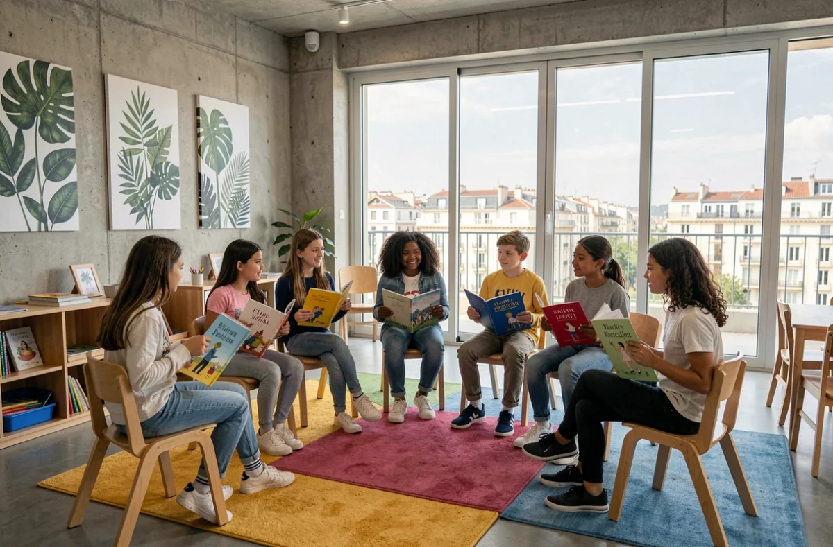 Groupe d'élèves multilingues en discussion dans la salle de classe moderne de Montessori 21 Bilingual Schools Marseille