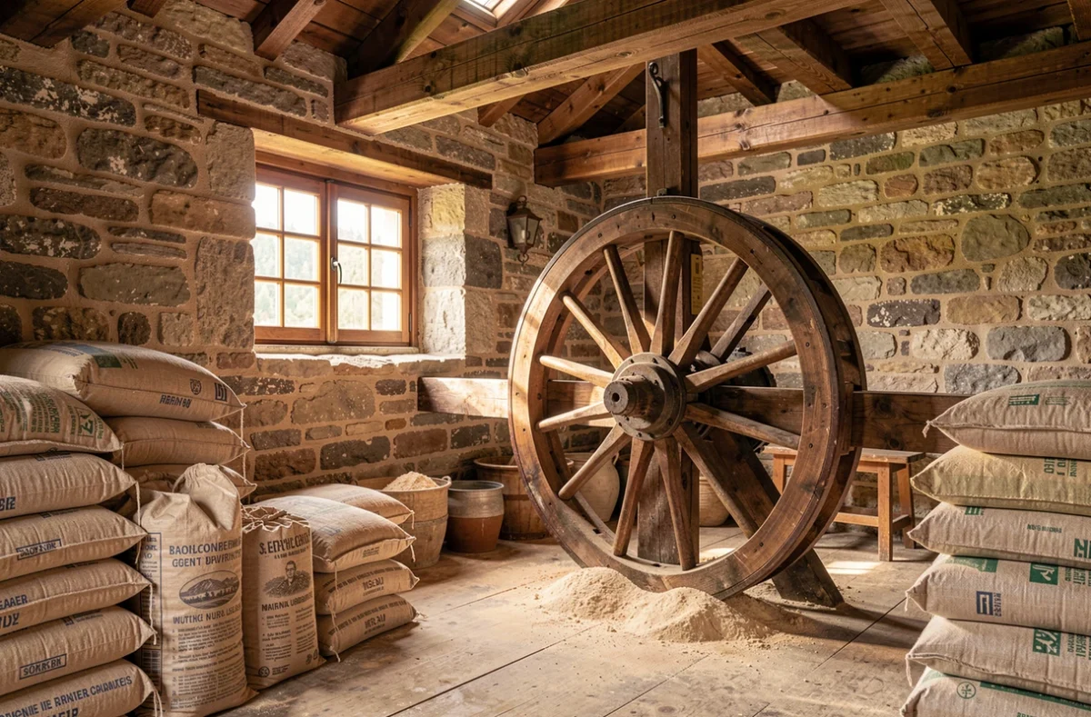 Moulin de village allemand avec sacs de farine et grande roue en bois