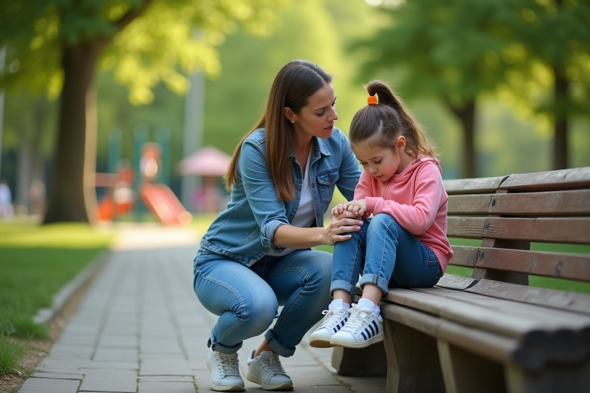 Mère inquiète avec sa fille dans un parc