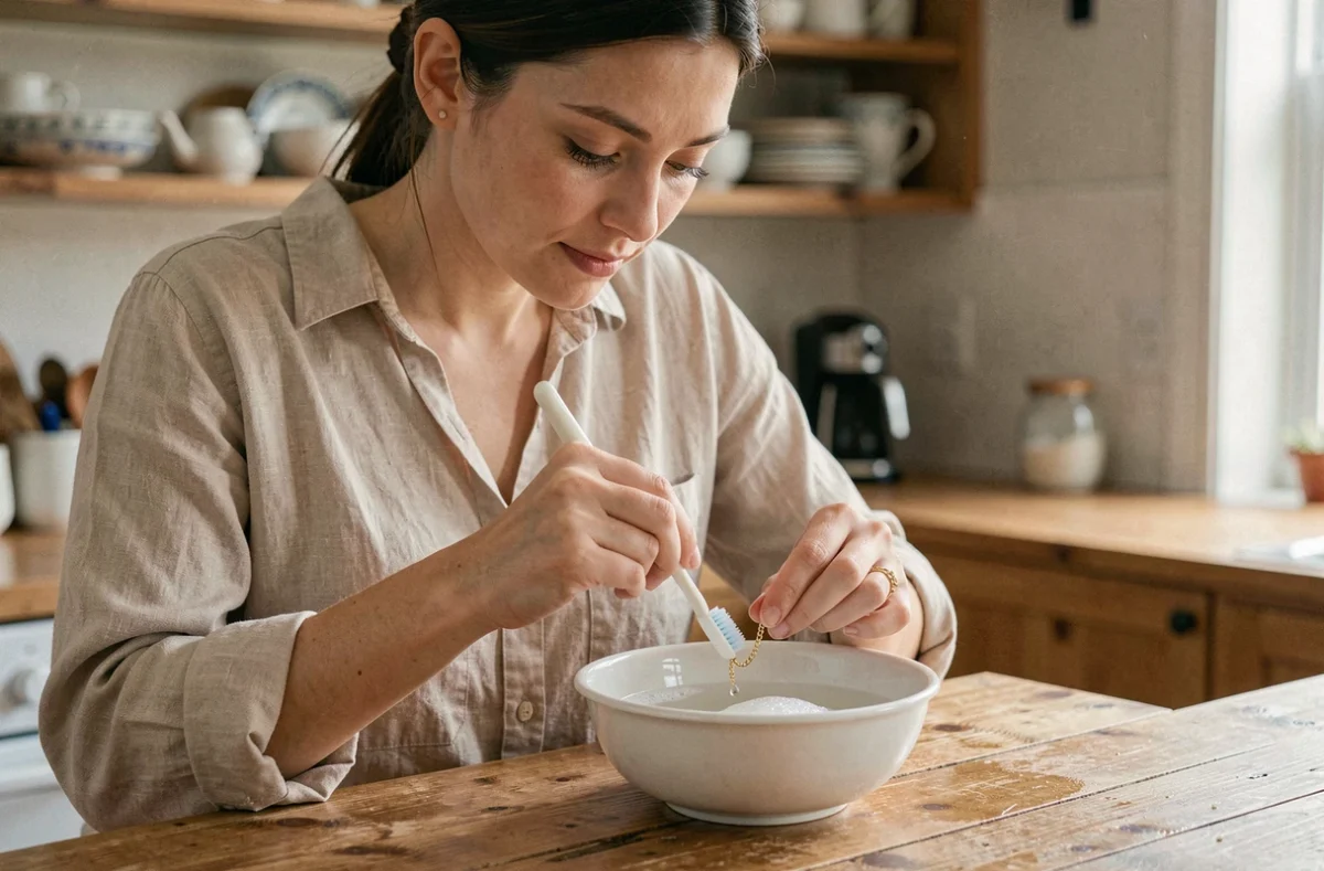 Maman nettoyant une gourmette bébé en or avec une brosse douce et de l'eau savonneuse dans une cuisine familiale