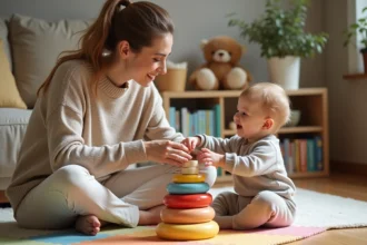Nounou en pull beige jouant avec un tout-petit sur un tapis de jeu coloré dans un salon chaleureux