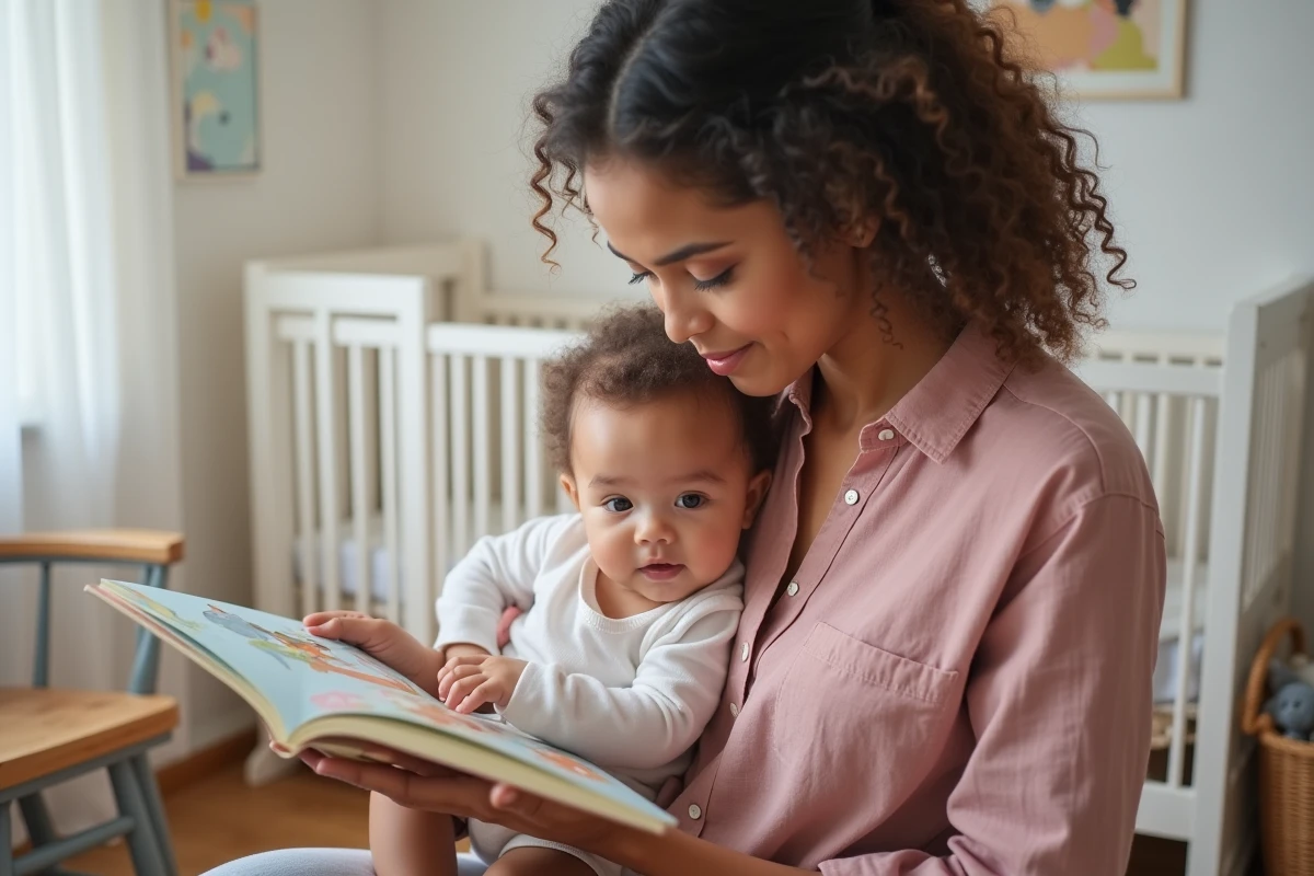 Nounou aux cheveux bouclés lisant un livre cartonné à un bébé dans une chambre de bébé apaisante