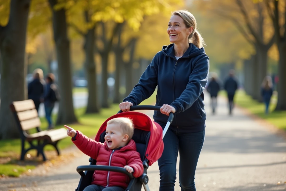 Nounou promenant un bambin en poussette rouge dans un parc urbain verdoyant