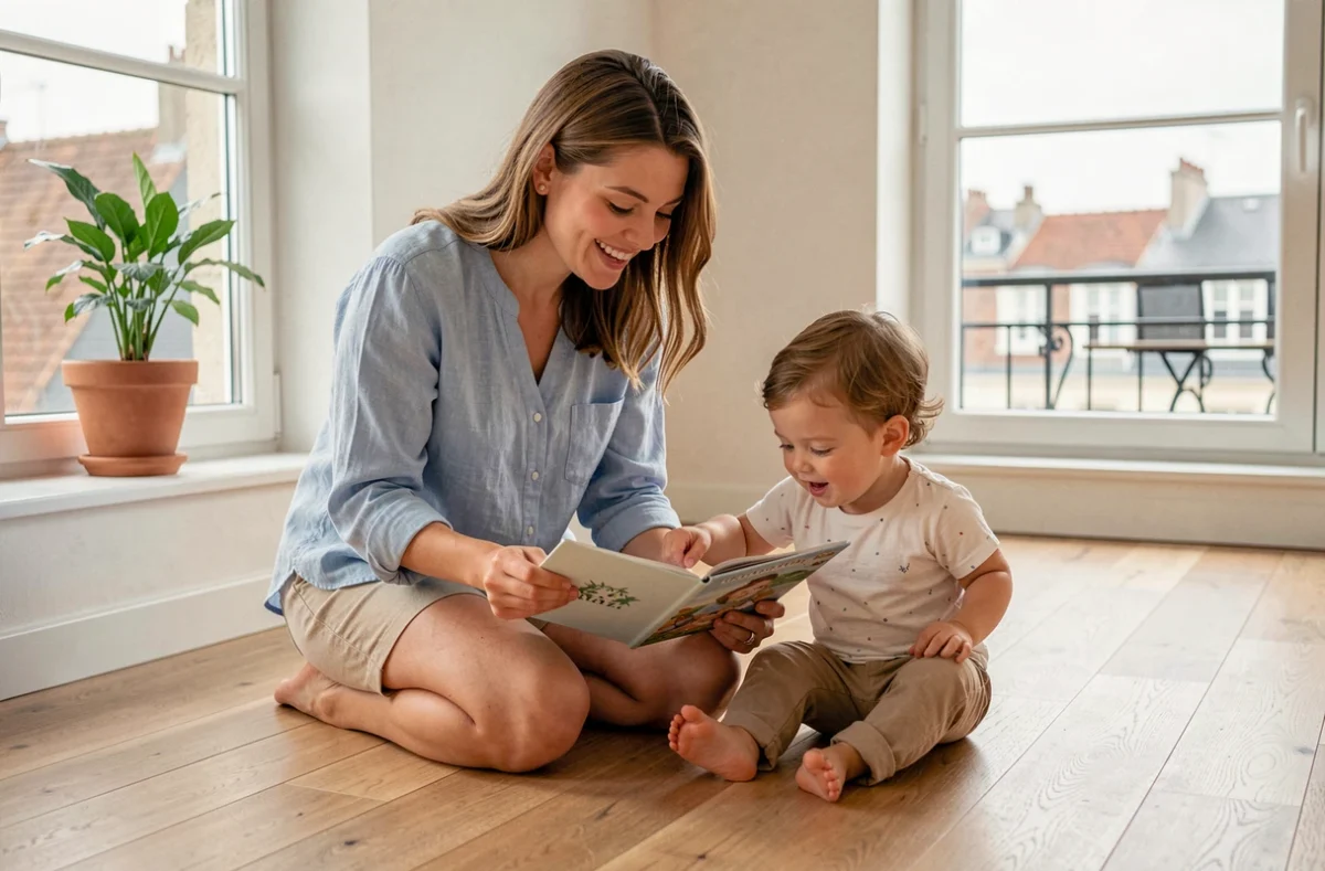 Baby-sitter de Nounou-Top Loire-Atlantique lisant un livre à un enfant dans un appartement à Nantes