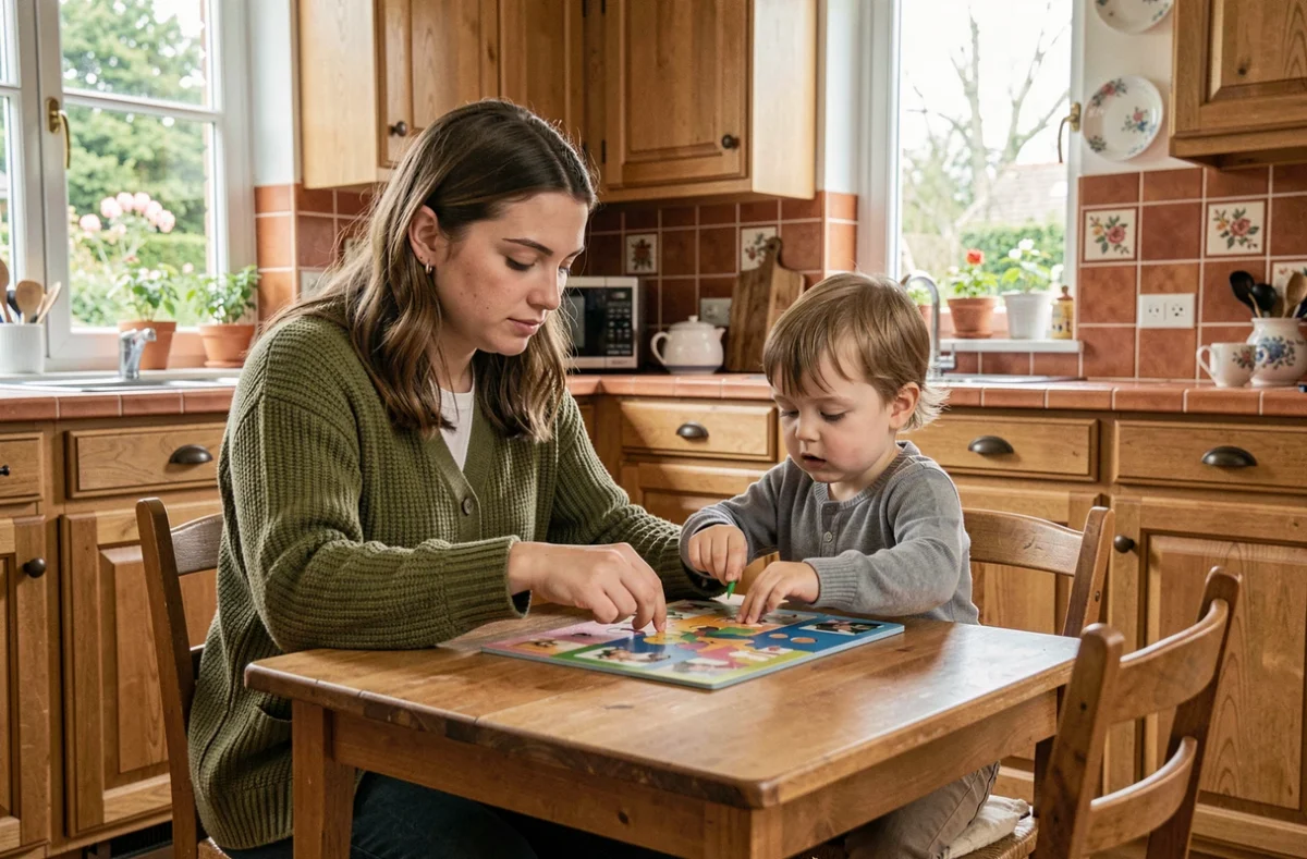 Baby-sitter de Nounou-Top Maine-et-Loire aidant un enfant avec un puzzle dans une maison à Angers