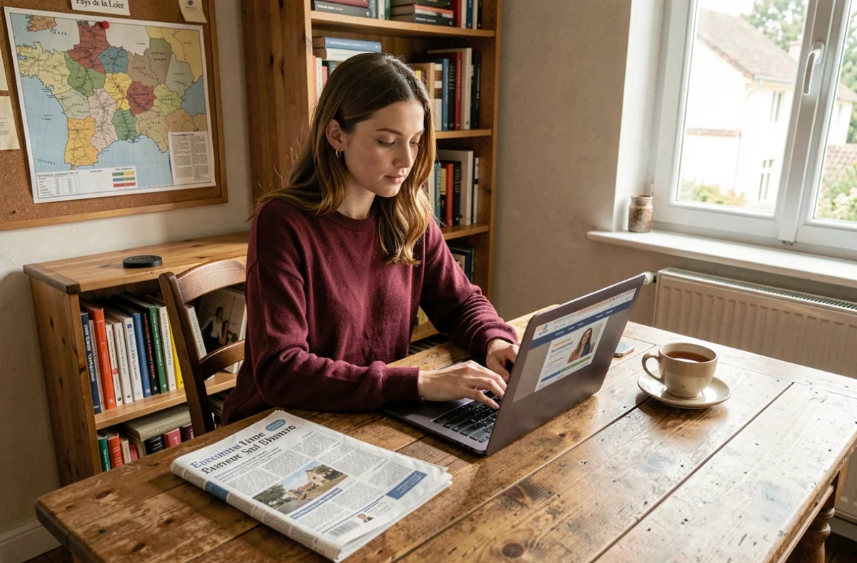 Jeune femme recherchant des offres de baby-sitting sur Ouest-France Emploi depuis un bureau à domicile en Pays de la Loire
