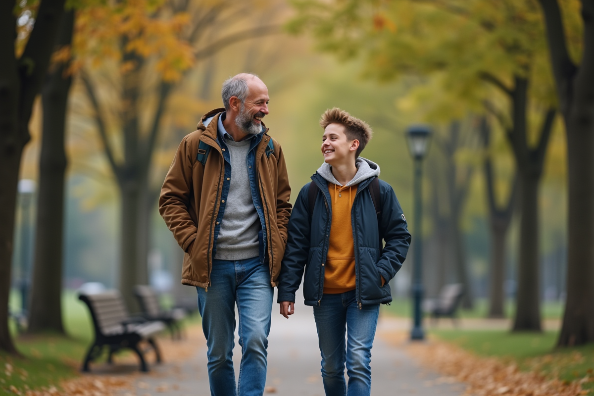 Père et fils rient en marchant dans un parc urbain