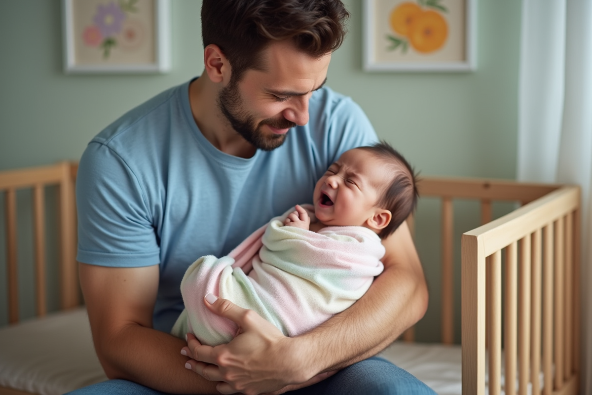 Père réconfortant sa bébé dans une nurserie chaleureuse