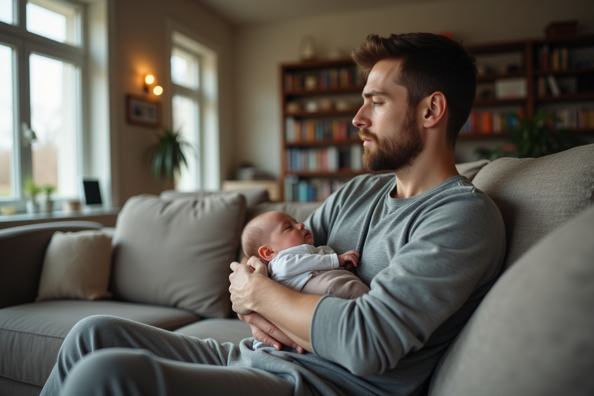 Père calme tenant son bébé dans le salon familial