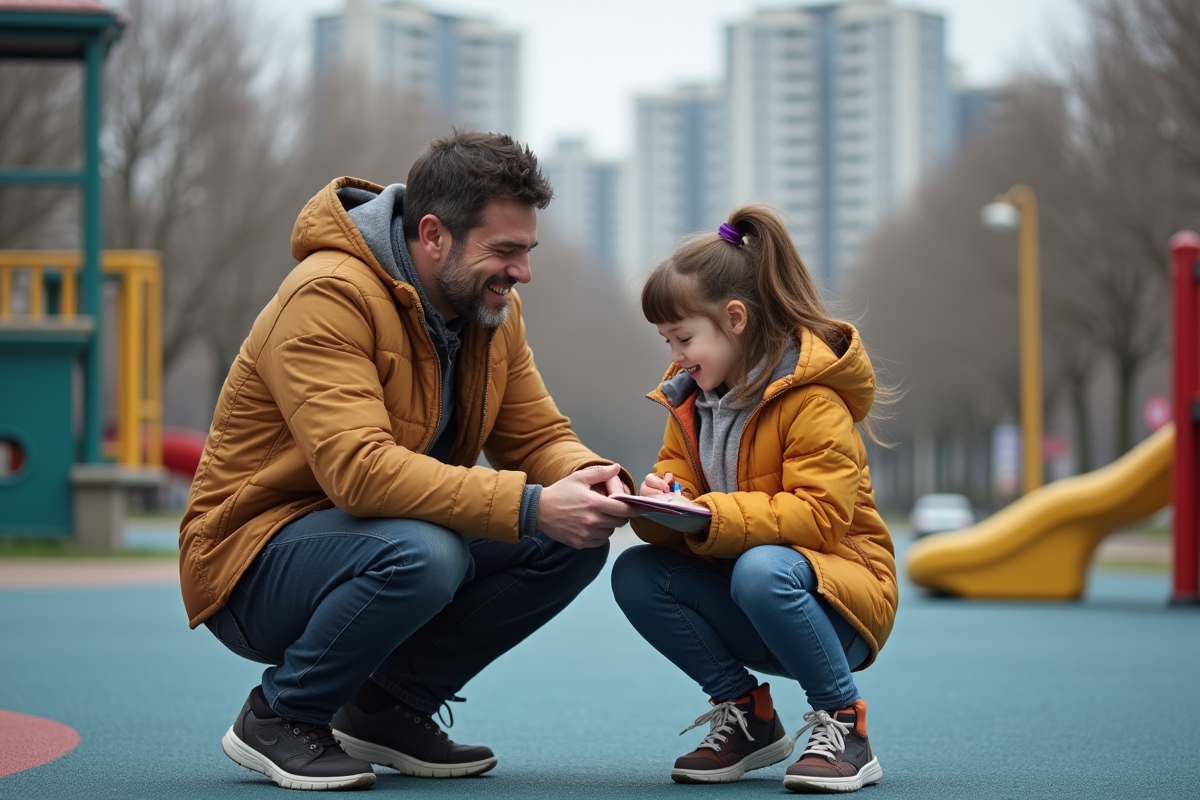 Papa et sa fille dessinant dans un parc en ville