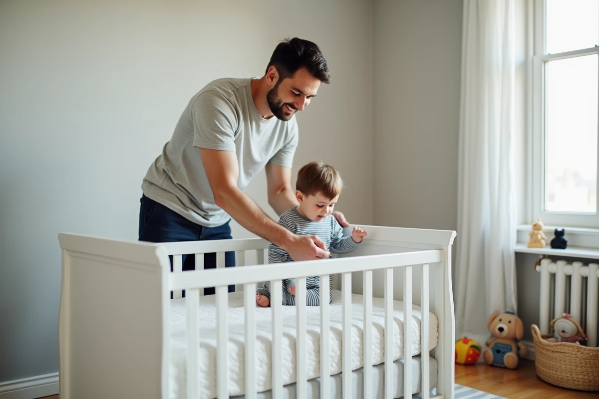 Père place son enfant dans un lit en bois blanc