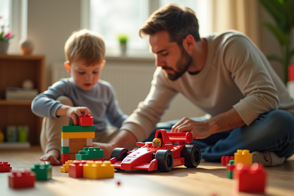Père et enfant construisant une voiture en blocs de jouets