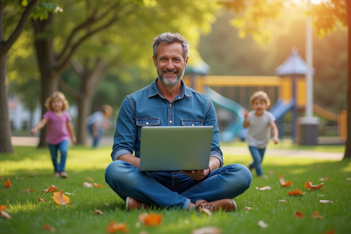 Pere et enfants jouant dans un parc en plein air