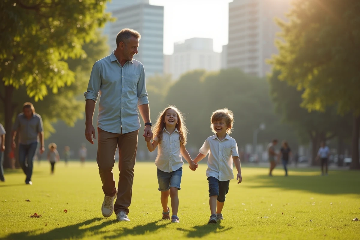 Pere et ses enfants dans un parc ensoleille