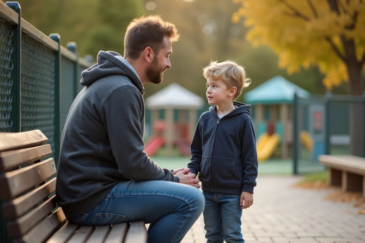 Pere assis avec son fils sur un banc de playground