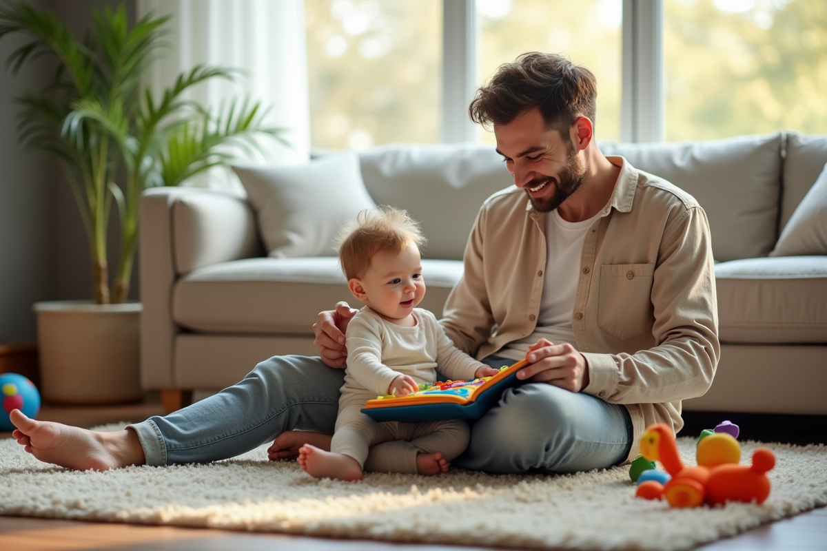 Père jouant avec son bébé et un livre coloré